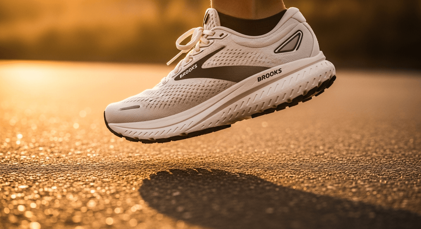 Close-up of a Brooks running shoe mid-stride above asphalt, lit by golden morning light.