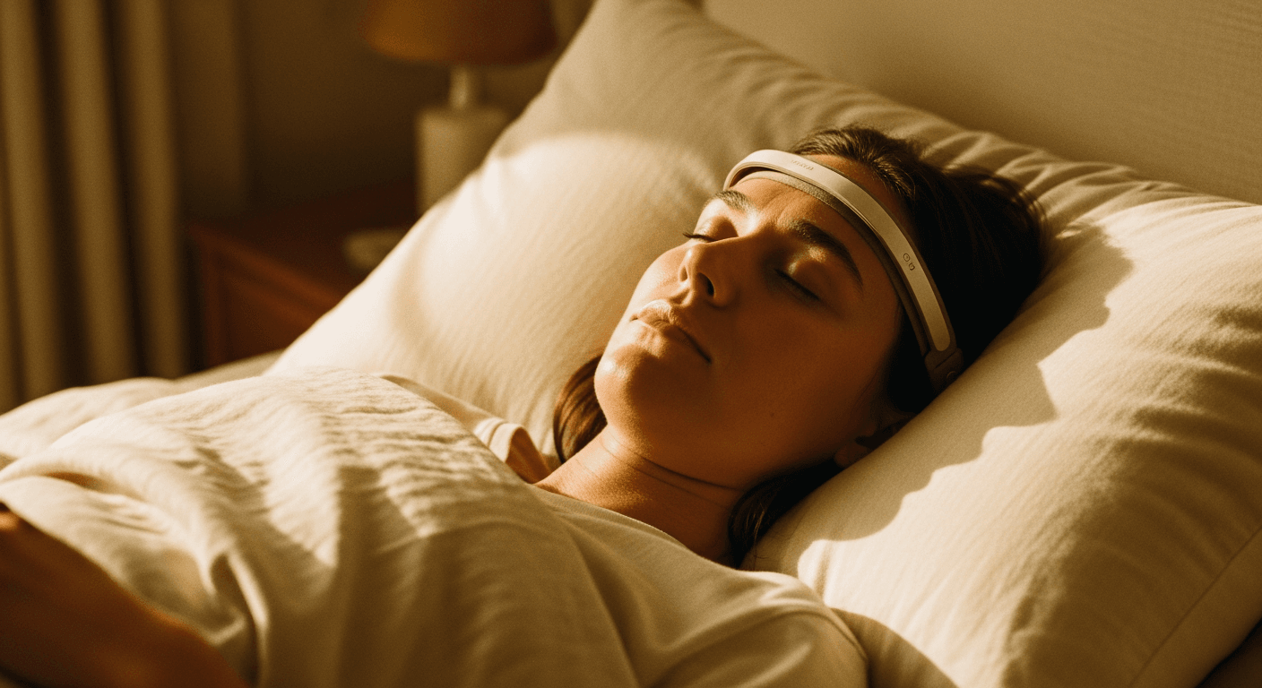 A person sleeping on their back wearing a slim EEG headband across their forehead, lying in soft cream bedding under warm morning light.