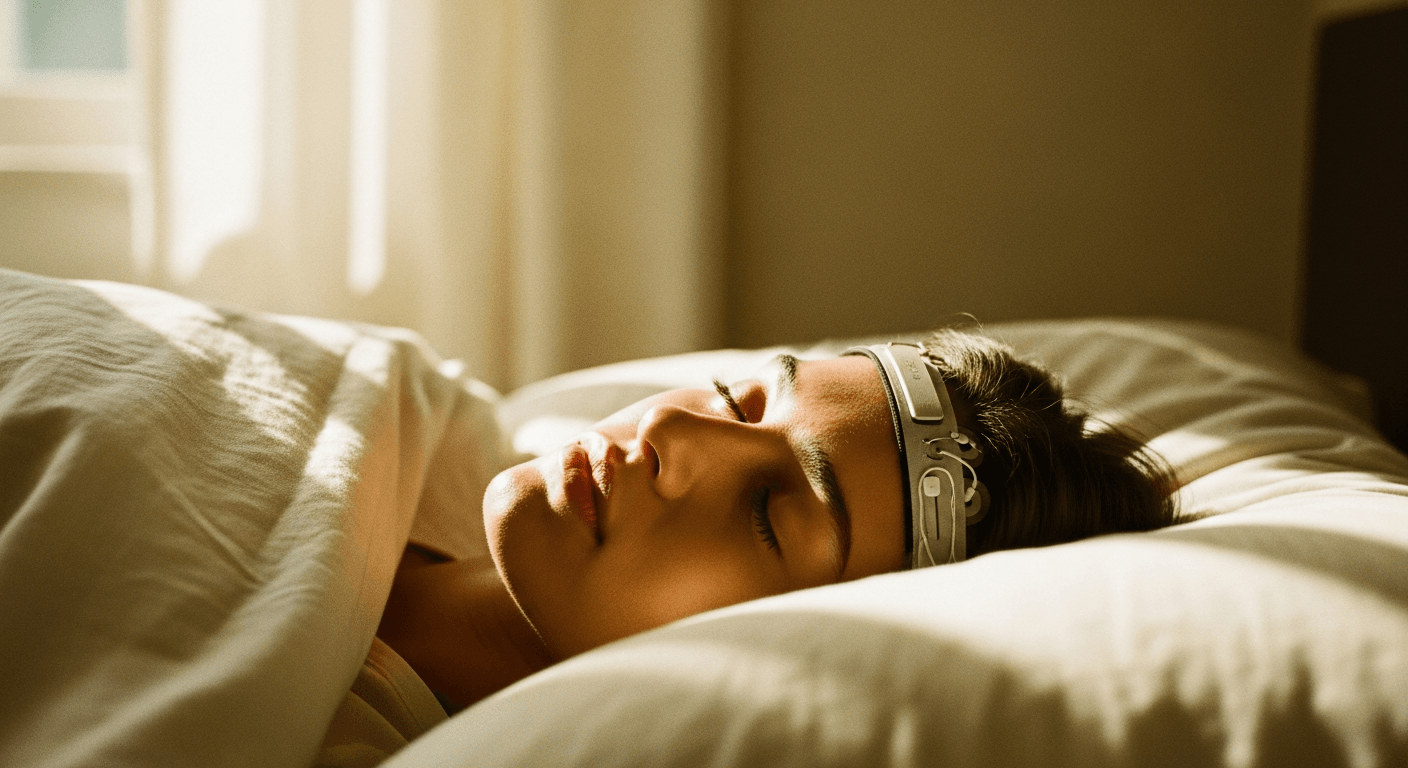 A sleeping person wearing an EEG headband on their forehead, lying in bed with cream-colored sheets.