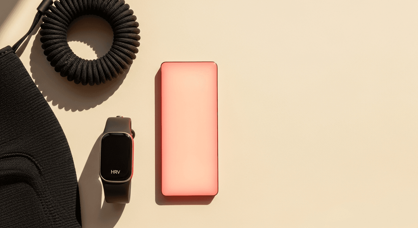Three recovery tools arranged on a cream surface: a compression sleeve, heart rate monitor, and red light therapy panel in soft natural light.