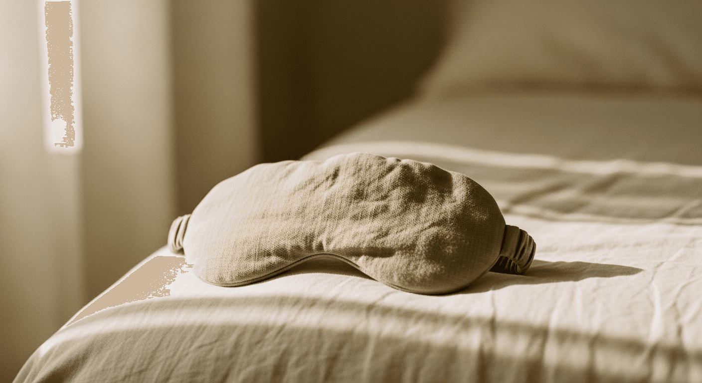 A linen sleep mask resting on rumpled bedding in soft golden morning light.