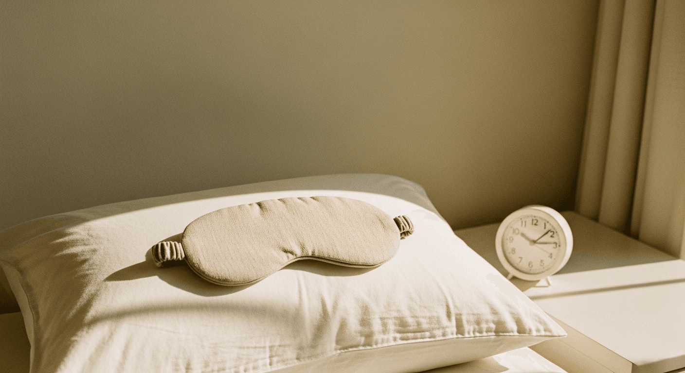 A sleep mask rests on a cream pillowcase beside an analog clock on a bedside table in warm morning light.