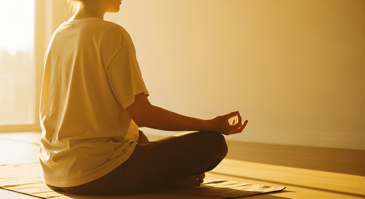 Person seated in cross-legged meditation bathed in warm golden light, embodying biological calm and stillness.