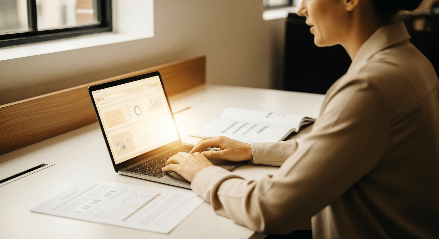 HR professional reviewing data on a laptop at a modern desk in warm natural light.