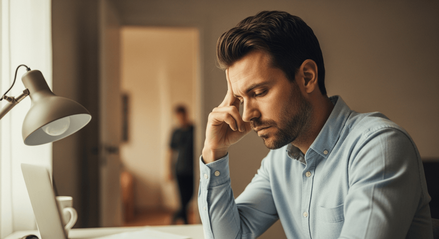 Exhausted remote worker at desk holding head, shoulders hunched, blurred home distractions in background.