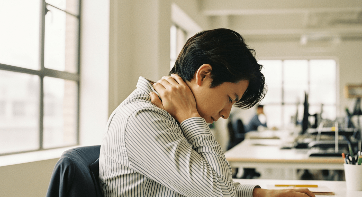 Office worker at desk rubbing their neck with rounded shoulders, illustrating work-related physical strain.
