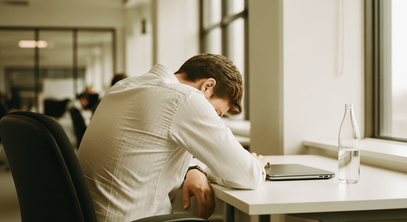 Person slumped at a desk in warm golden light, conveying the physical toll of prolonged sitting and sedentary work.