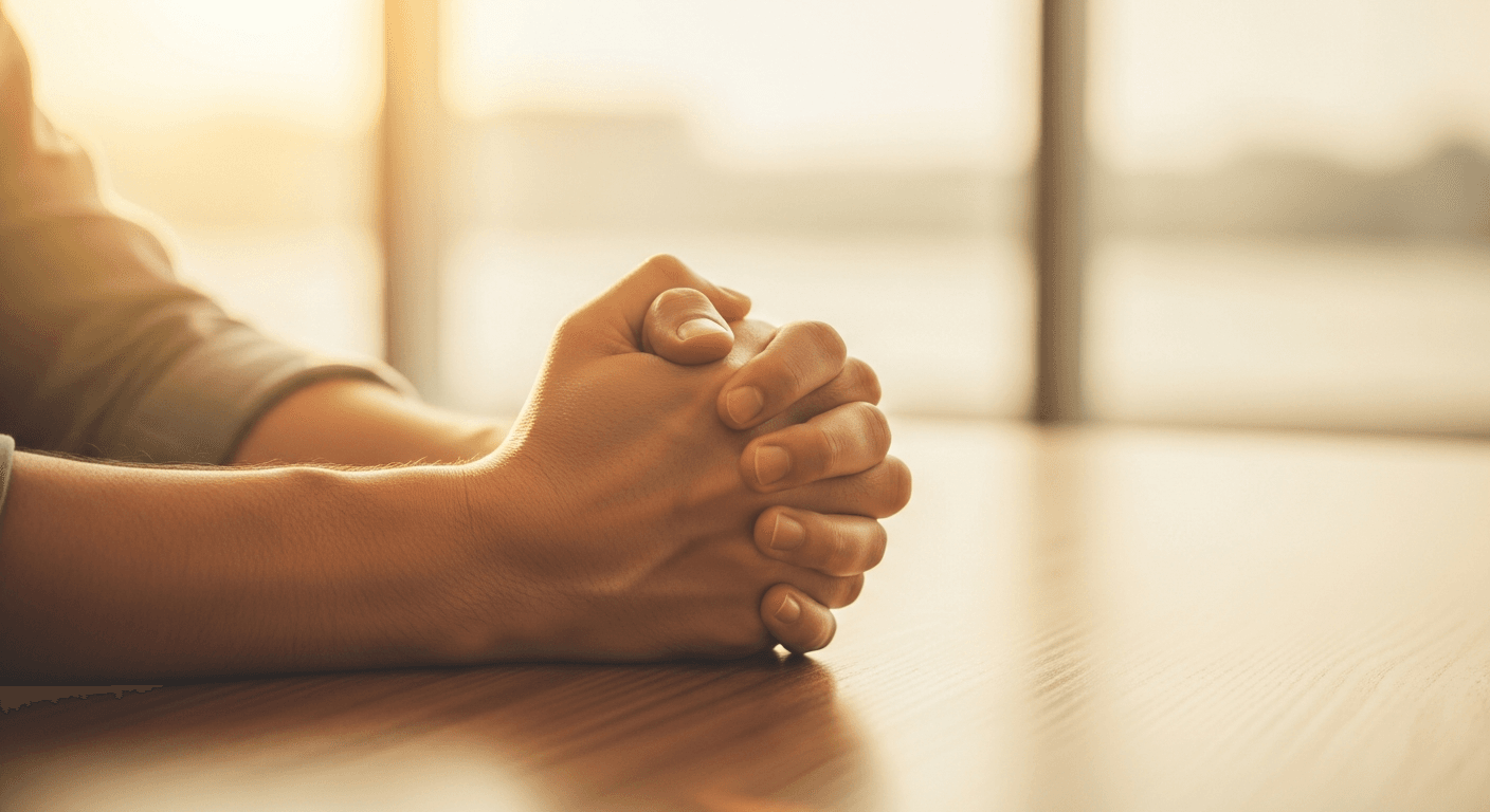 Tightly clasped hands on a wooden desk, lit by warm golden light.