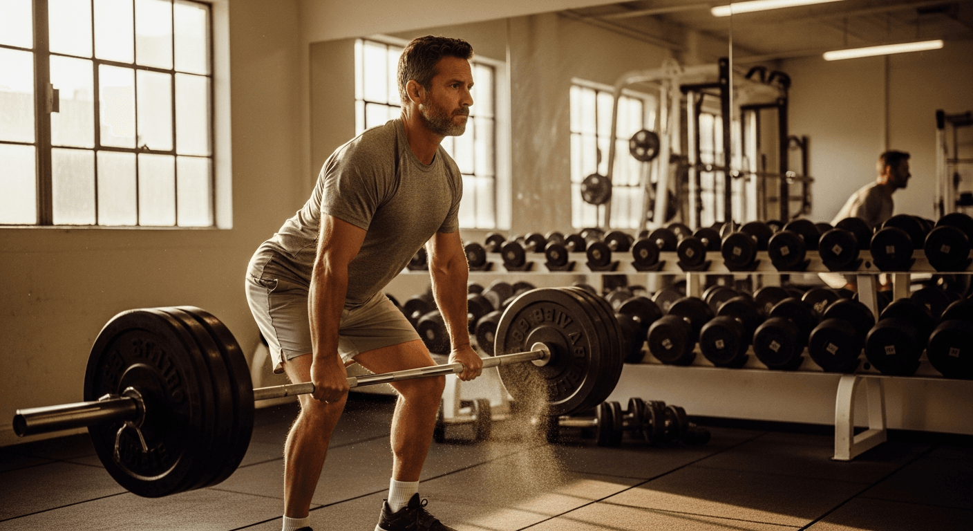 Middle-aged athletic man performing a heavy deadlift in a gym, lit by warm golden afternoon light.