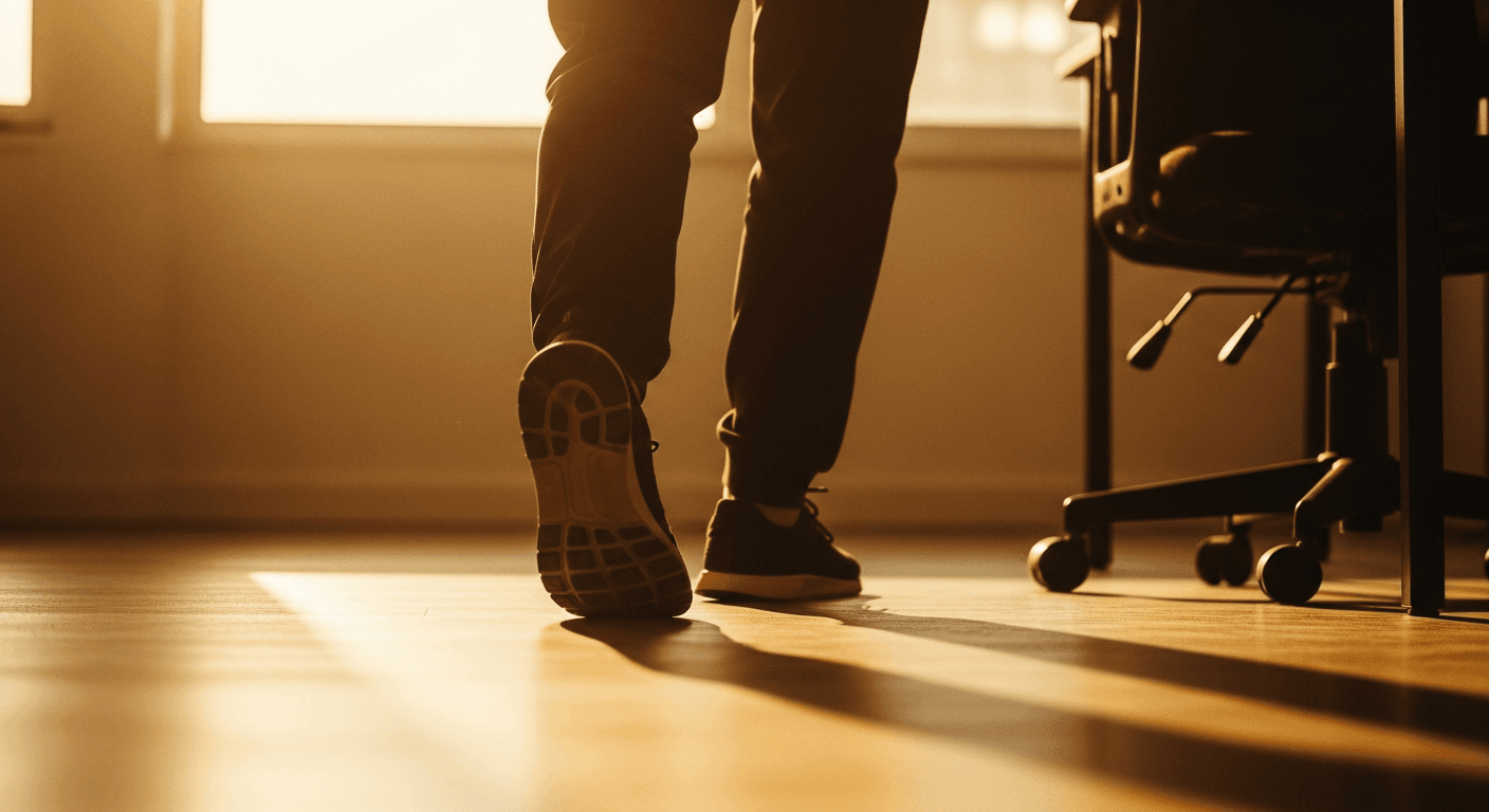 Close-up of a person's legs striding away from an office chair in warm golden afternoon light.