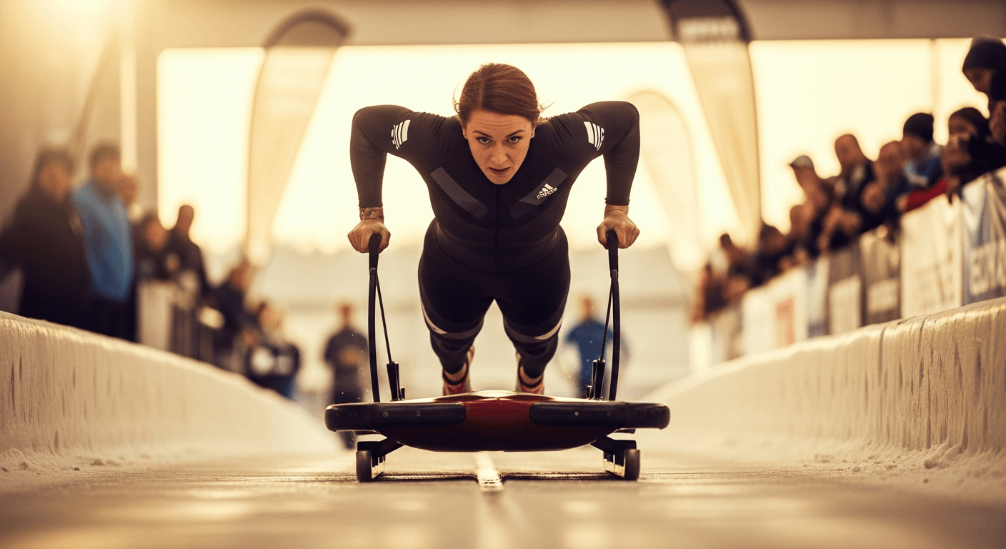 Female athlete at full intensity driving a competition sled with fierce focus under warm golden lighting.