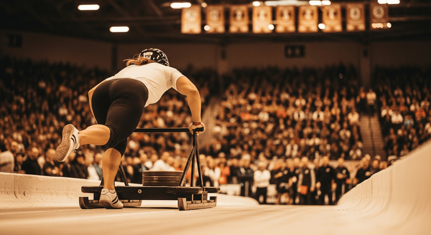 Female athlete sprinting while pushing a weighted sled across competition floor with crowd in background.