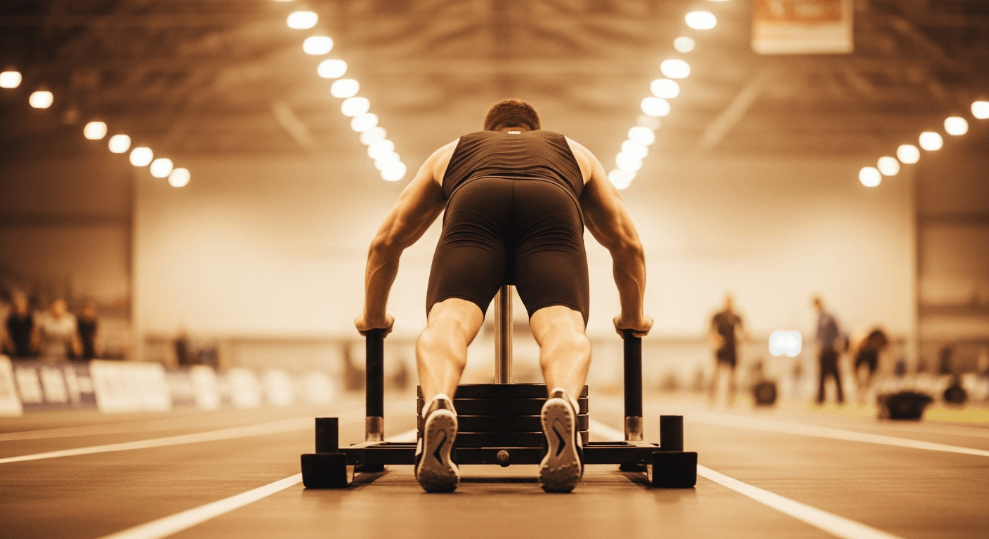 Male athlete driving a weighted competition sled across a polished competition floor.