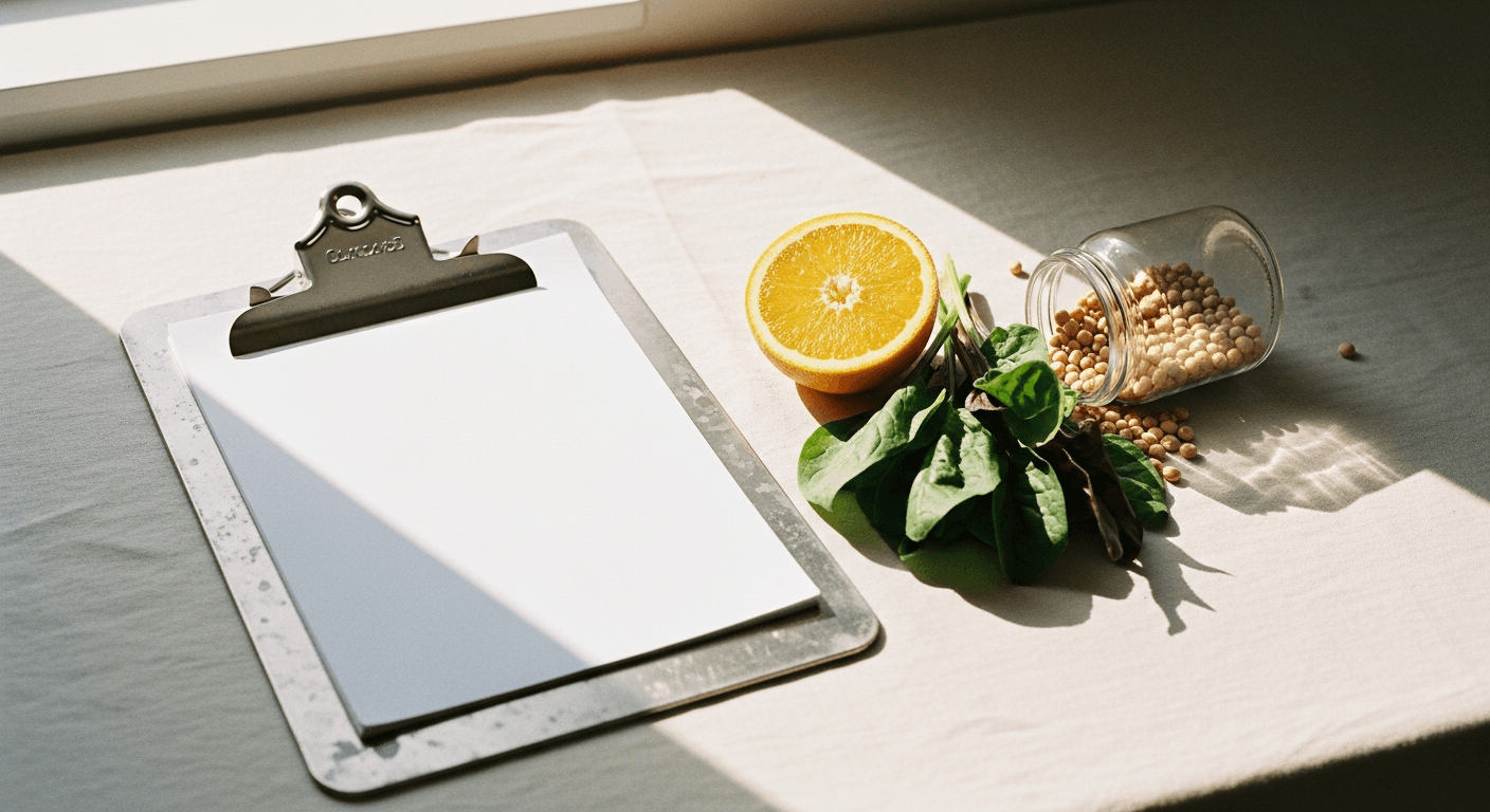 A worn metal clipboard beside fresh whole foods on a warm cream surface in soft daylight.