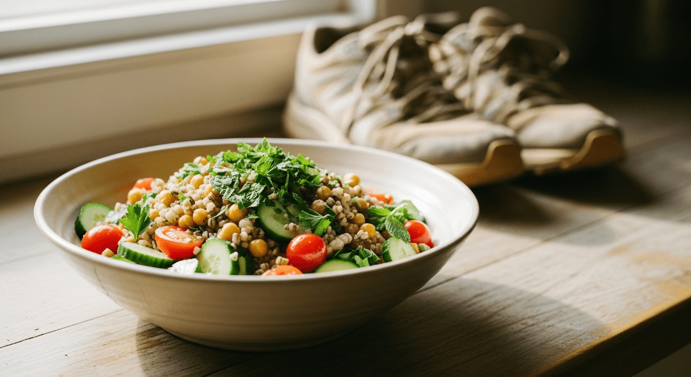Mediterranean grain salad bowl beside trail running shoes on a wooden kitchen counter.