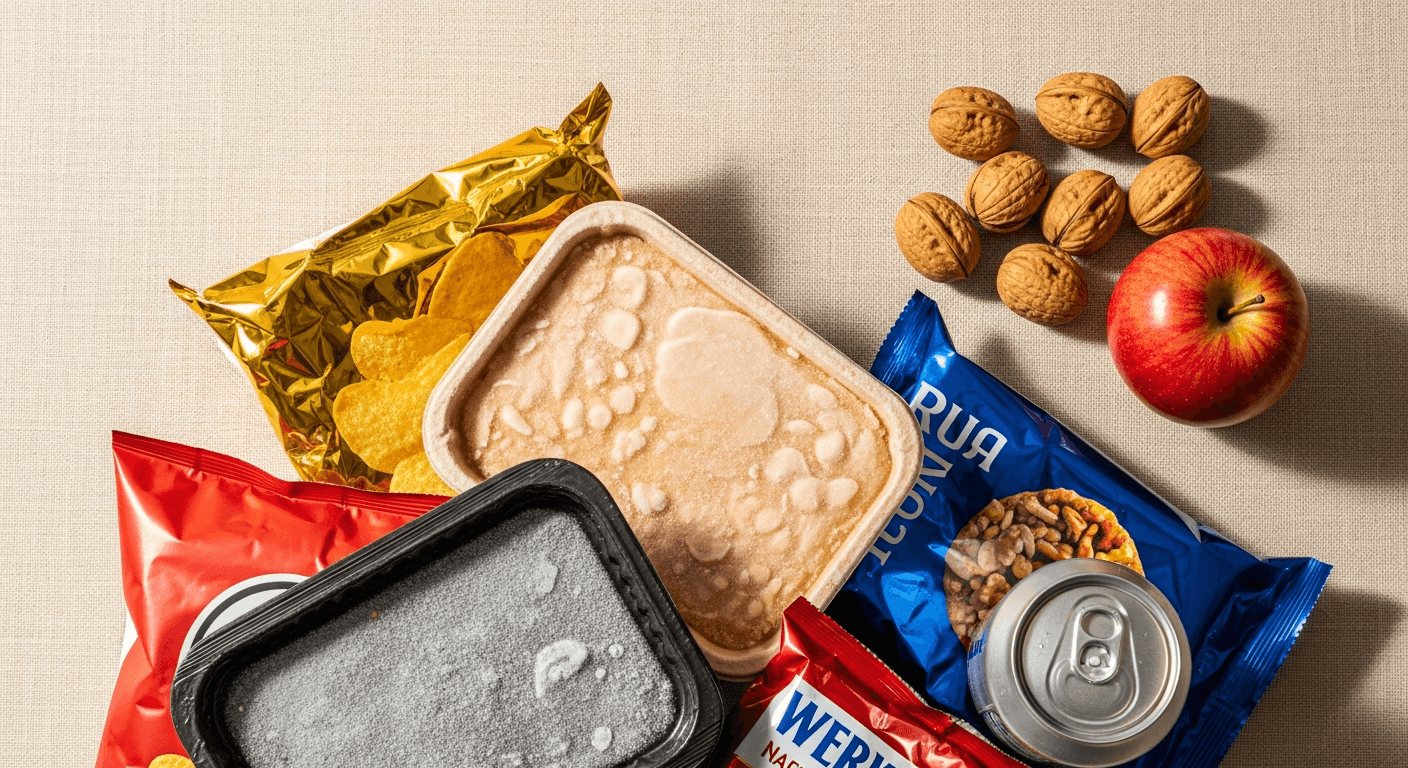 Ultra-processed packaged foods contrast visually with a whole apple and raw walnuts on a cream linen surface.
