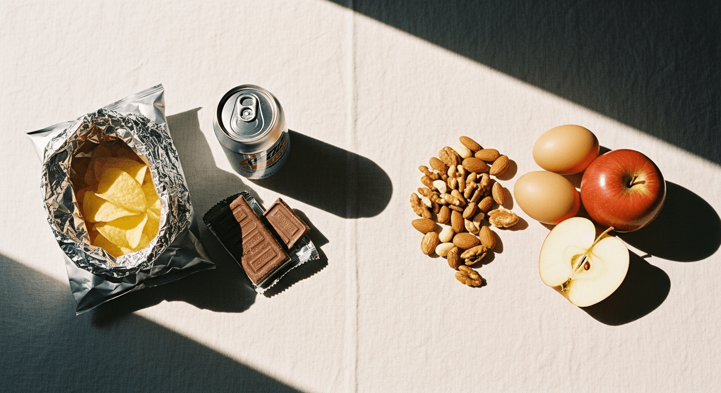 Processed snacks on left contrasted with whole foods on right, arranged on warm cream linen with natural light.