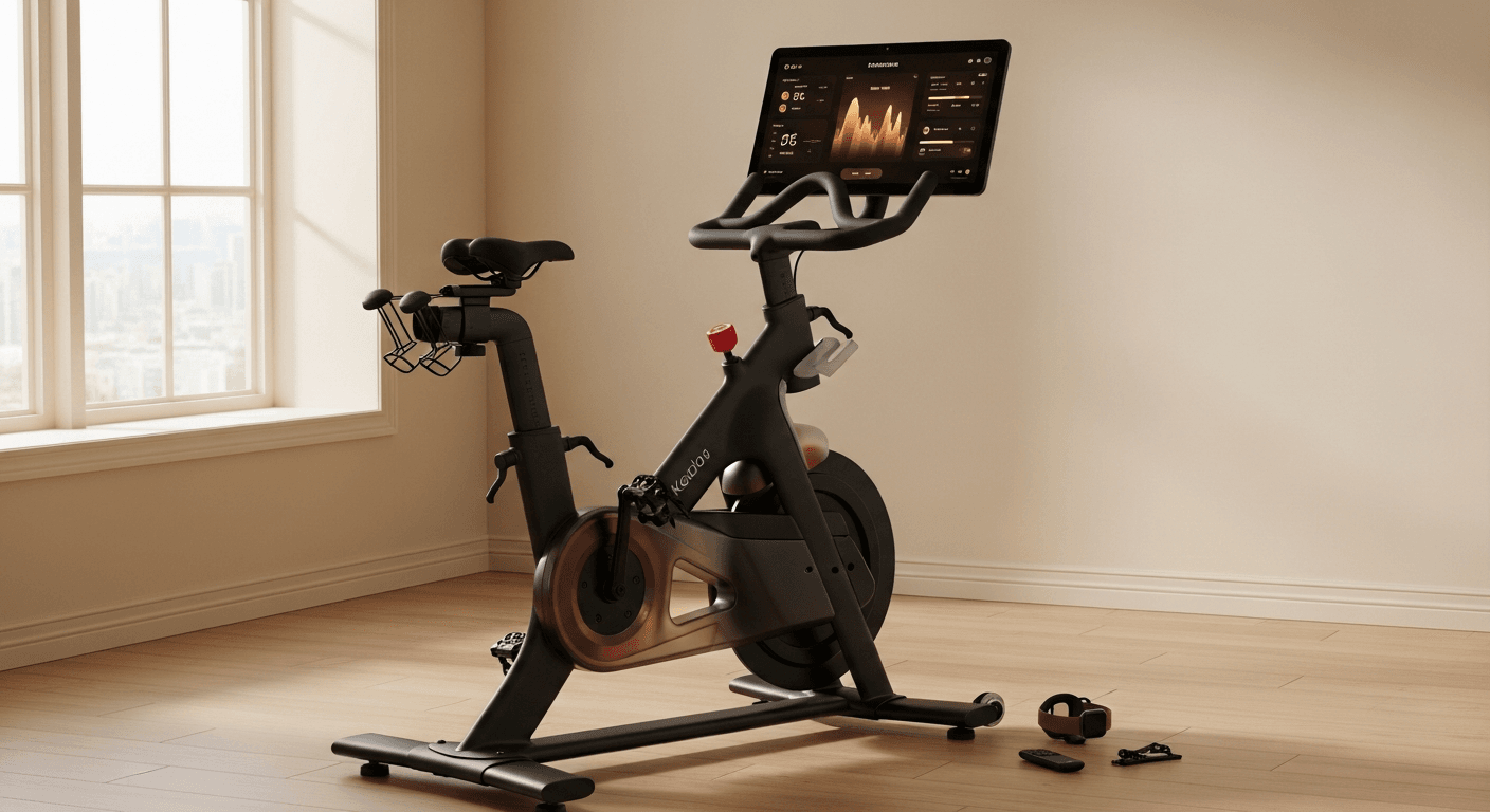 Sleek black stationary bike with touchscreen displaying metrics in a warm, naturally lit home studio space.