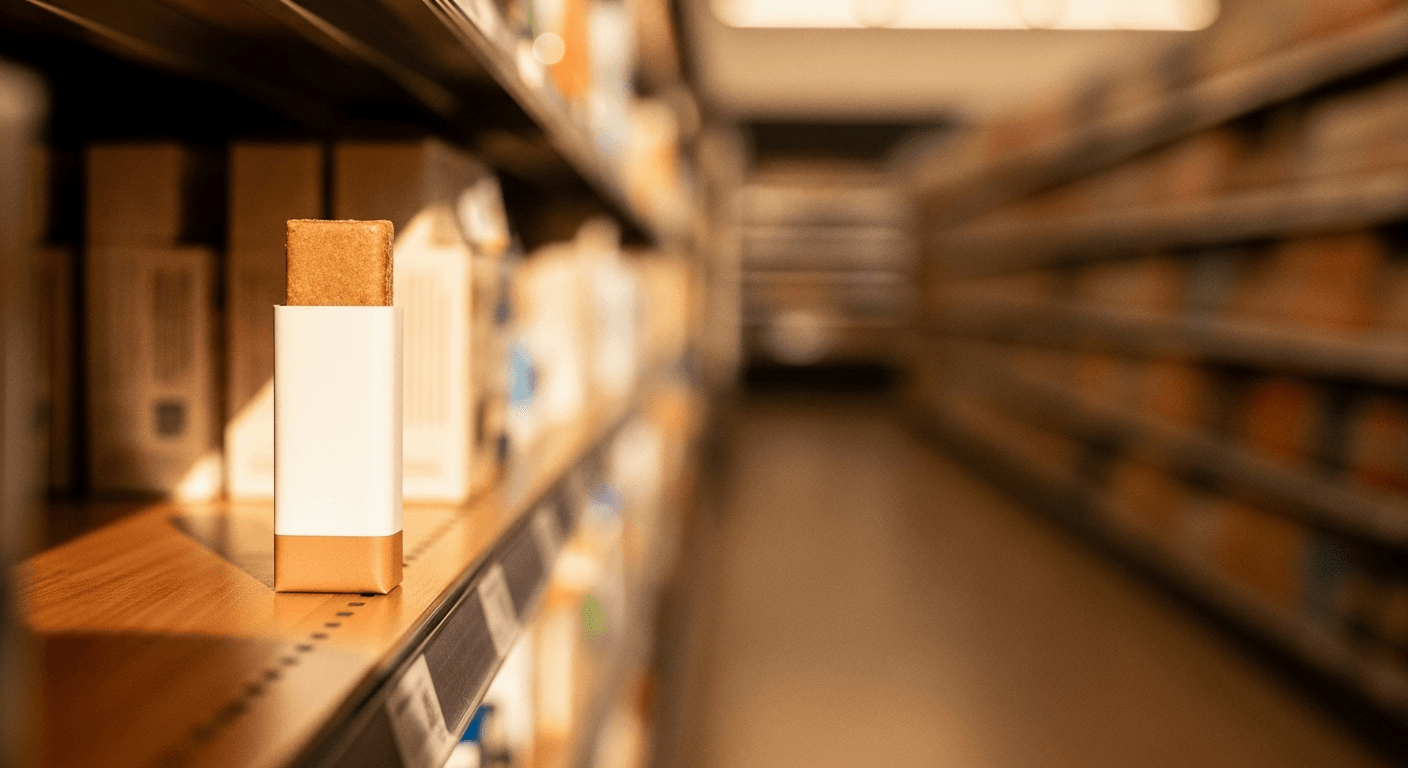A cream-colored nutrition bar in warm golden light on a grocery store shelf.