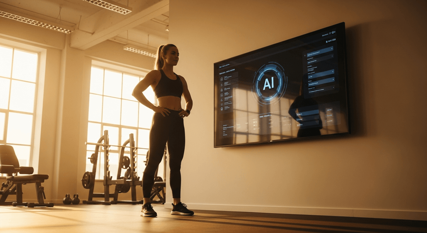Athletic coach standing confidently before a glowing AI dashboard screen in a sunlit gym space with warm golden lighting.