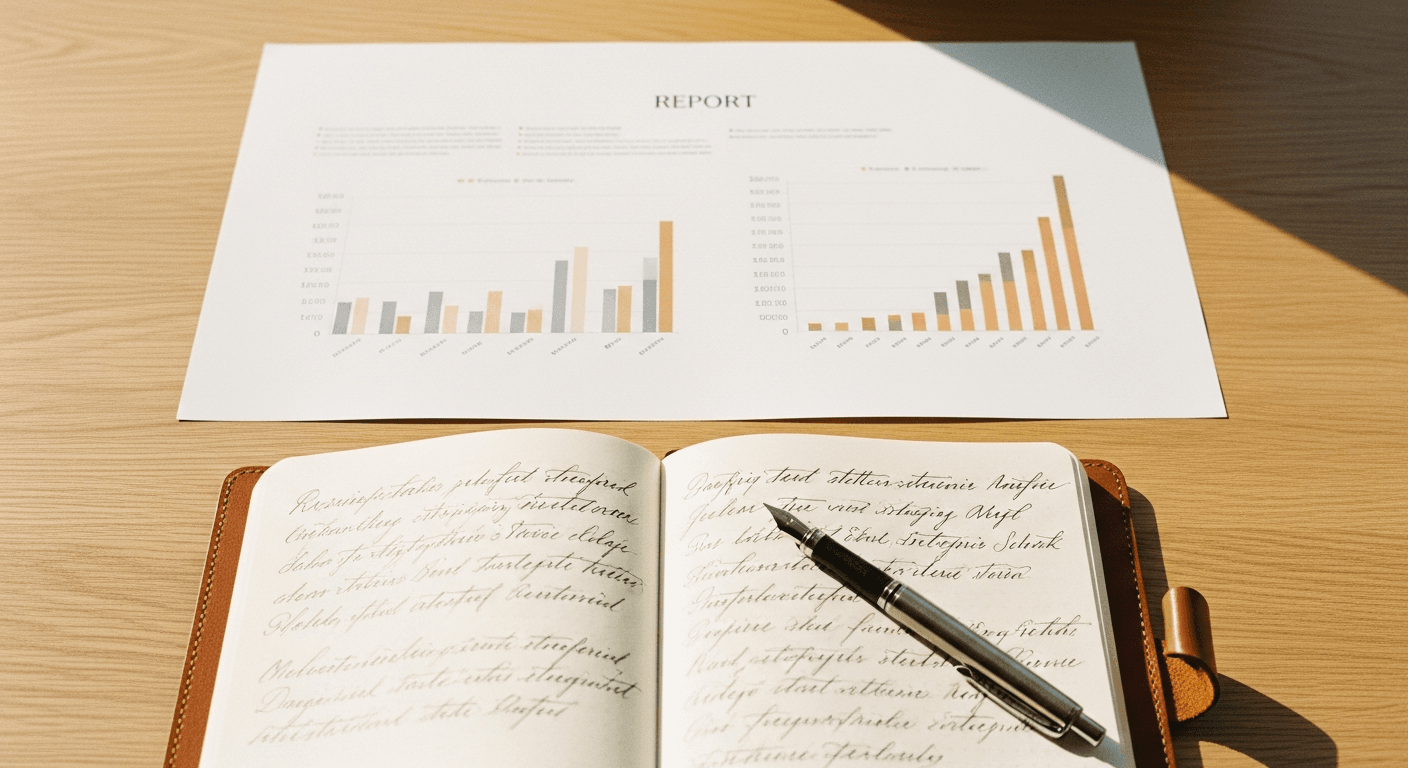 Overhead flat-lay of a desk with printed data report and handwritten notebook in warm natural light.