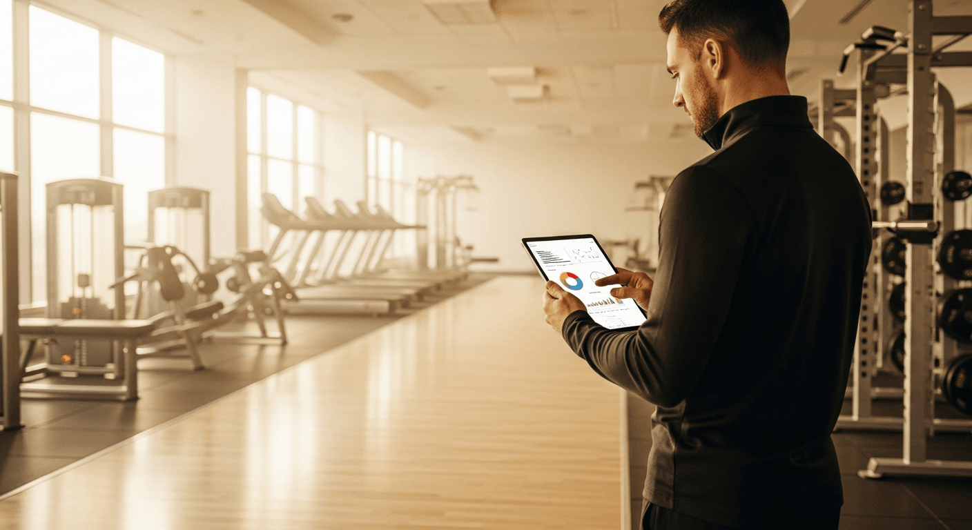 A gym manager reviews performance data on a tablet in an empty fitness facility with warm golden morning light.