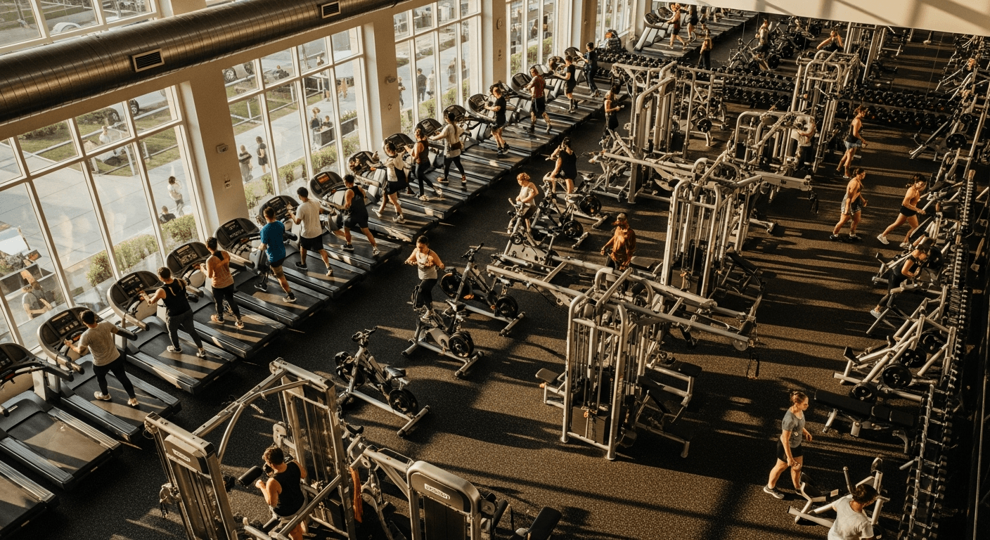 Overhead view of a packed modern gym with dozens of members actively exercising under warm golden afternoon light.