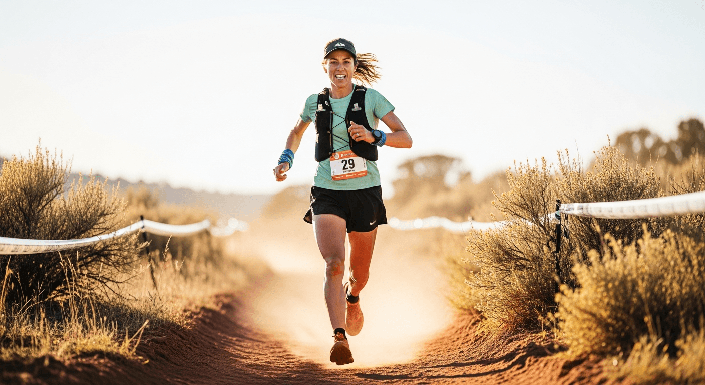Female trail runner sprinting toward finish on dusty Colorado trail with fierce competitive expression.