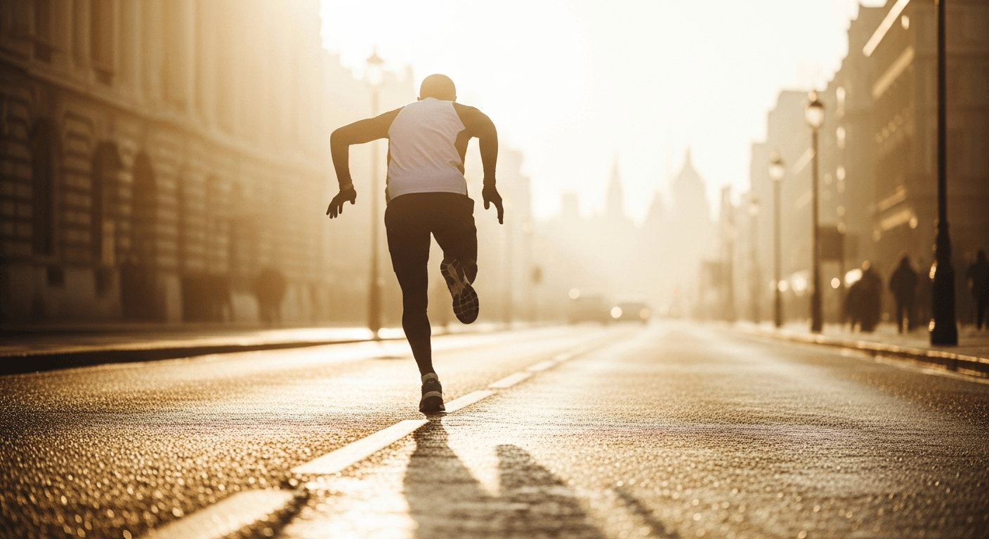 Lone runner mid-stride on a wet London street at dawn with warm golden morning light and motion blur.