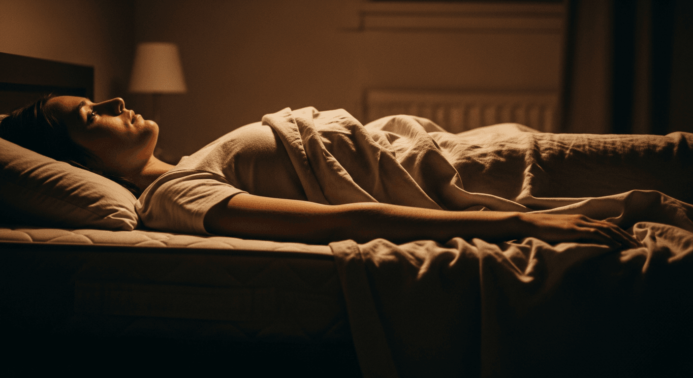 A person lies awake in bed at night, staring at the ceiling in soft lamplight.