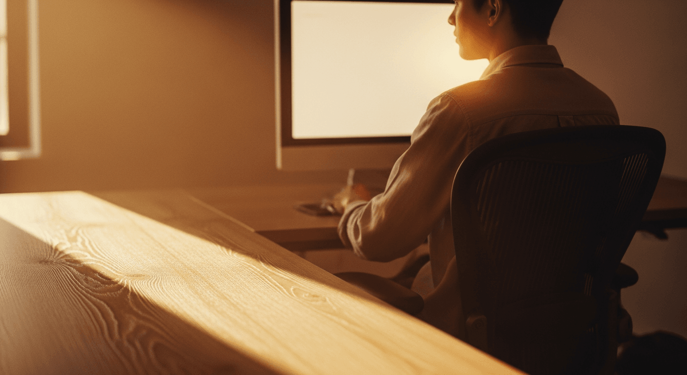 Person seated at an ergonomic workstation with upright posture, bathed in warm golden-hour window light.