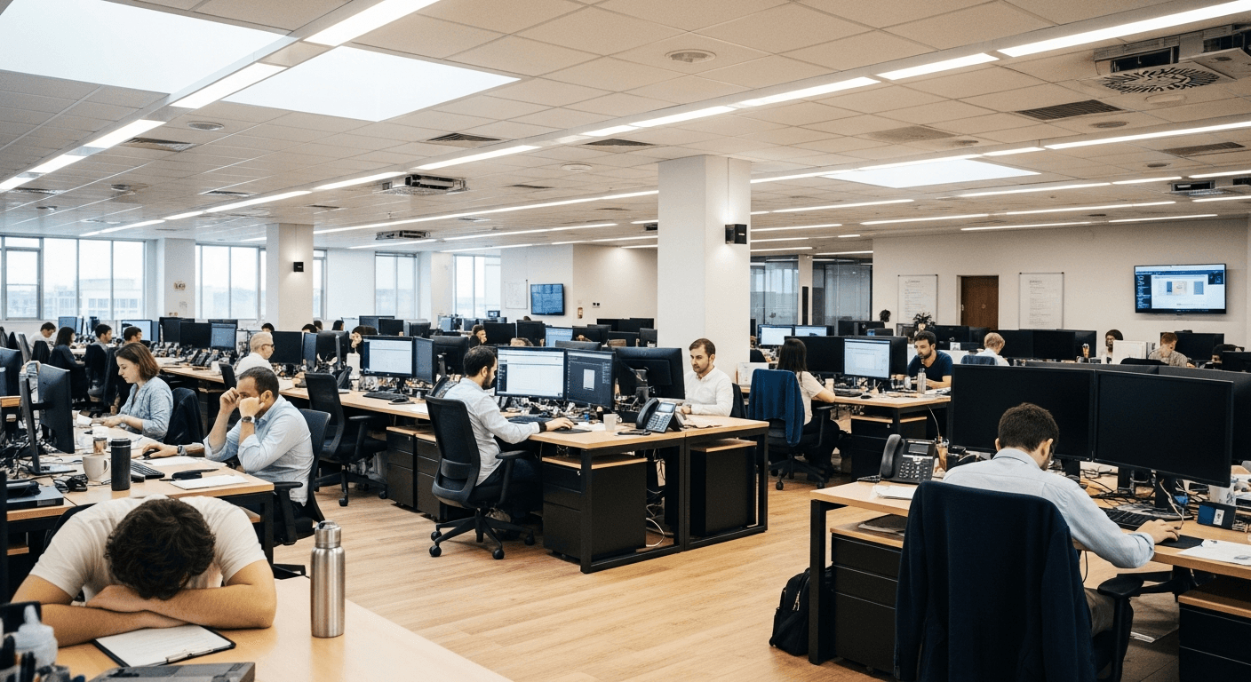 Open-plan office where multiple workers display signs of burnout and disengagement at their desks.