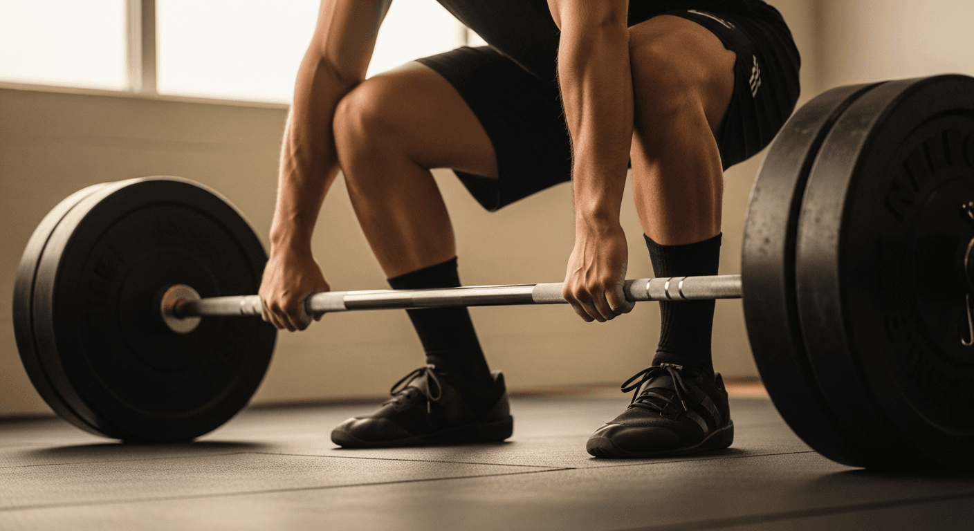 Male athlete performing a deadlift with hands gripping a loaded barbell, shot from a low angle in warm natural light.