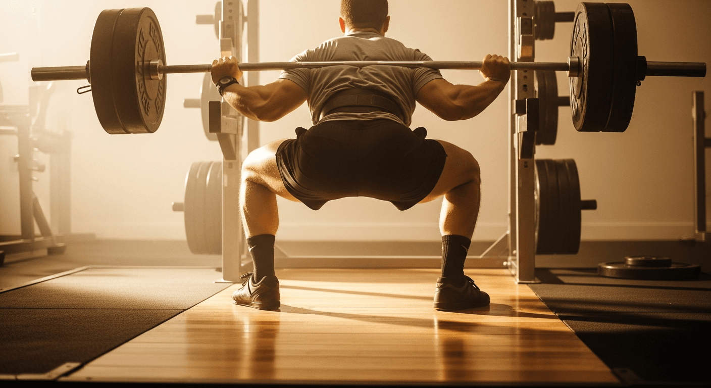 Athlete performing a full-depth back squat with barbell, shot from behind showing muscular tension.