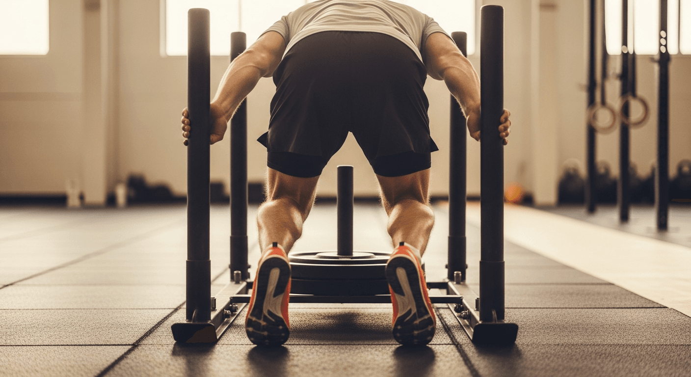 Runner transitioning from sprint into sled push stance in a competition gym.
