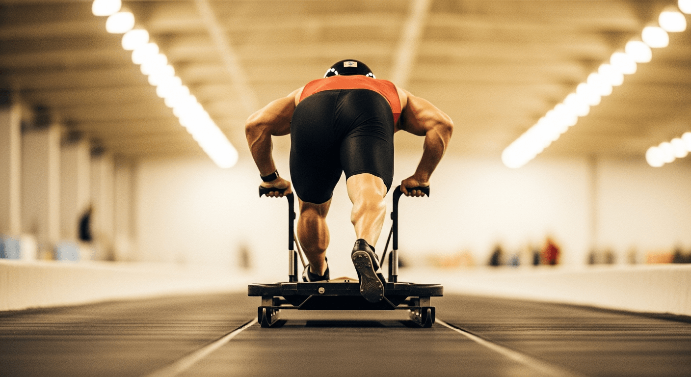 Competitive athlete in full-effort drive stance pushing a heavy competition sled across an indoor floor.