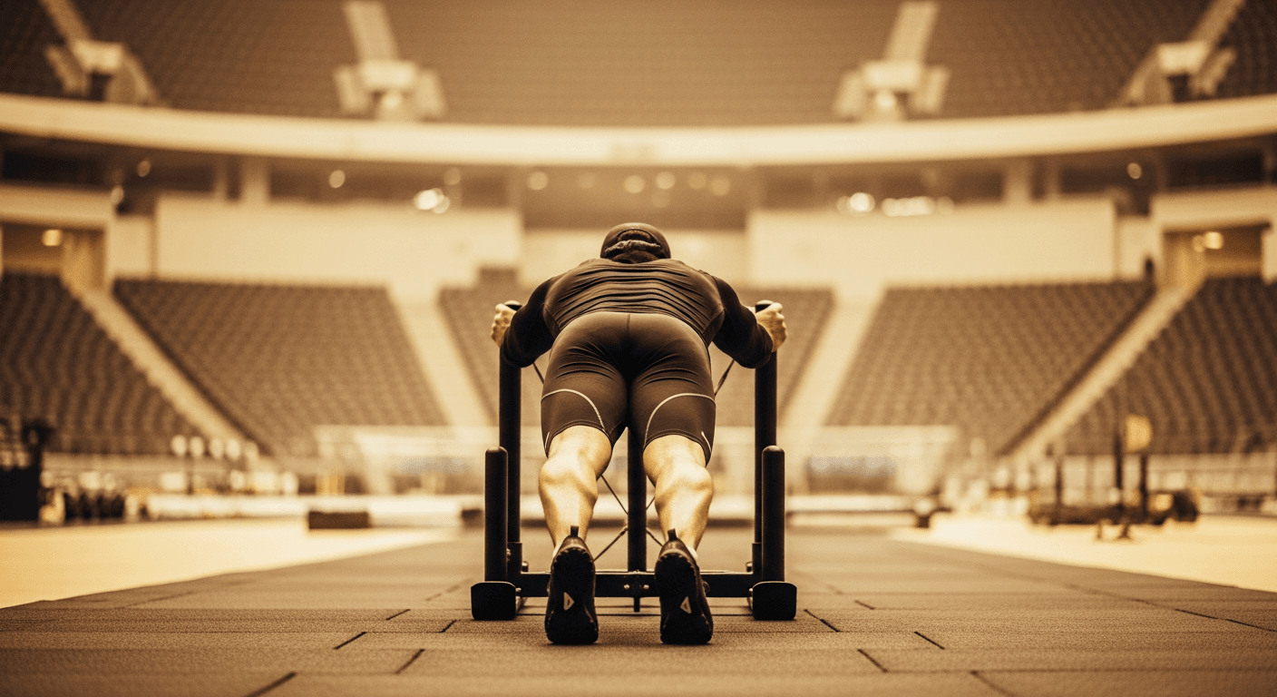 Athlete in compression gear driving a matte black sled across arena flooring, shot from ground level.