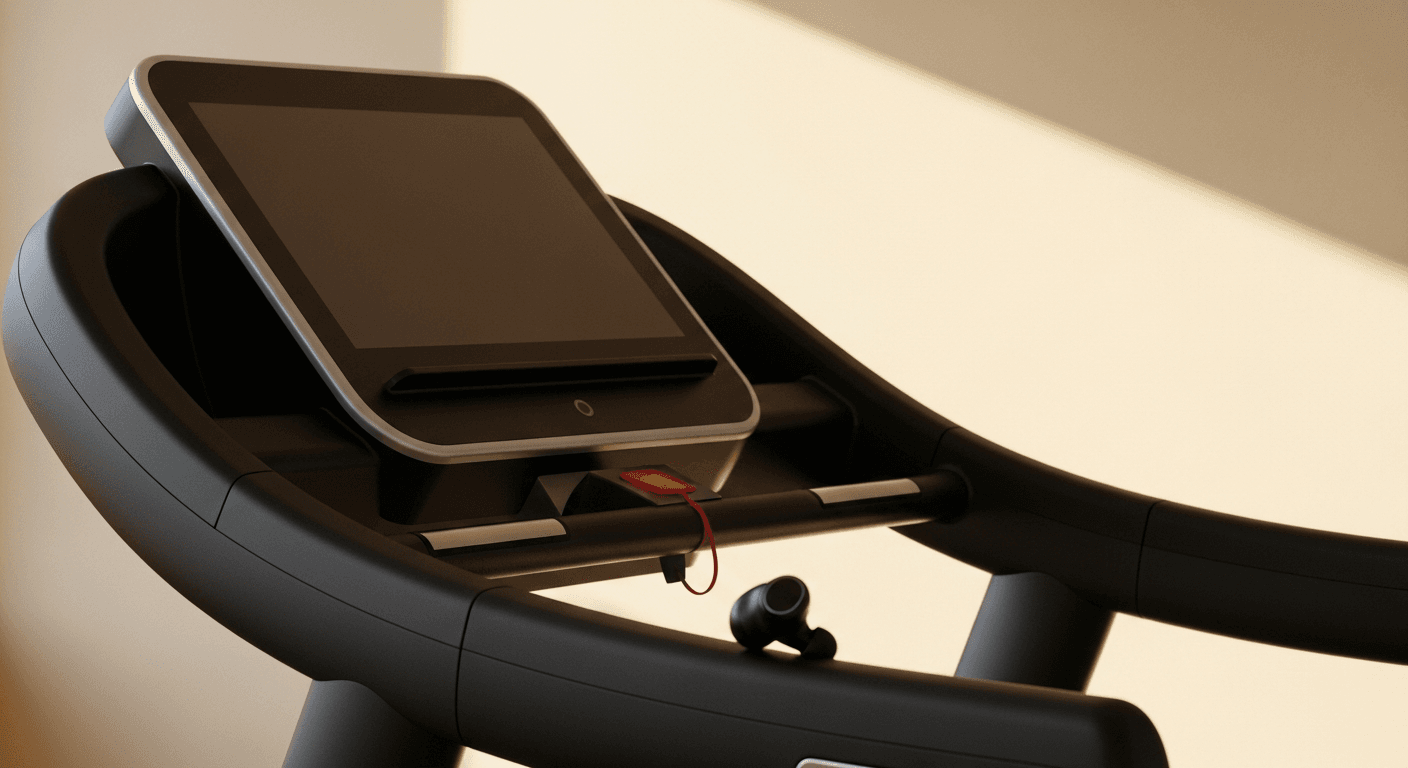 Sleek black treadmill console with wireless earbud against warm cream background in soft golden light.