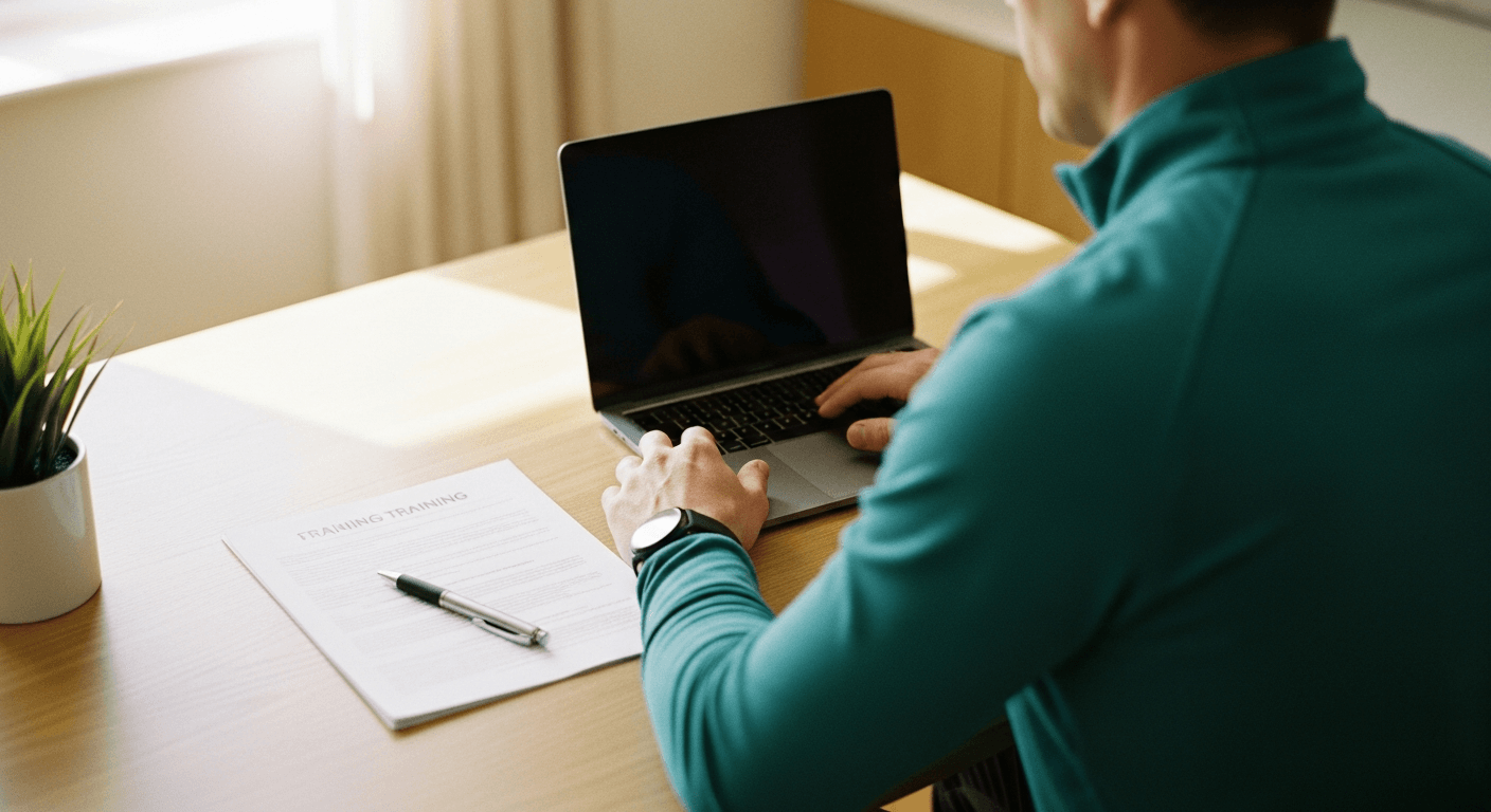 A fitness coach reviews colorful dashboard data on a laptop at a sunlit desk in a warm home office.