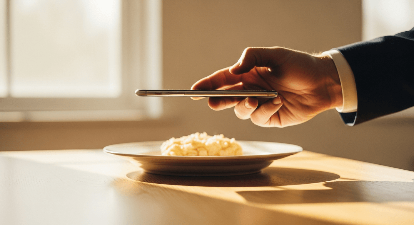A coach holds a smartphone horizontally above a plate of food in soft morning light.