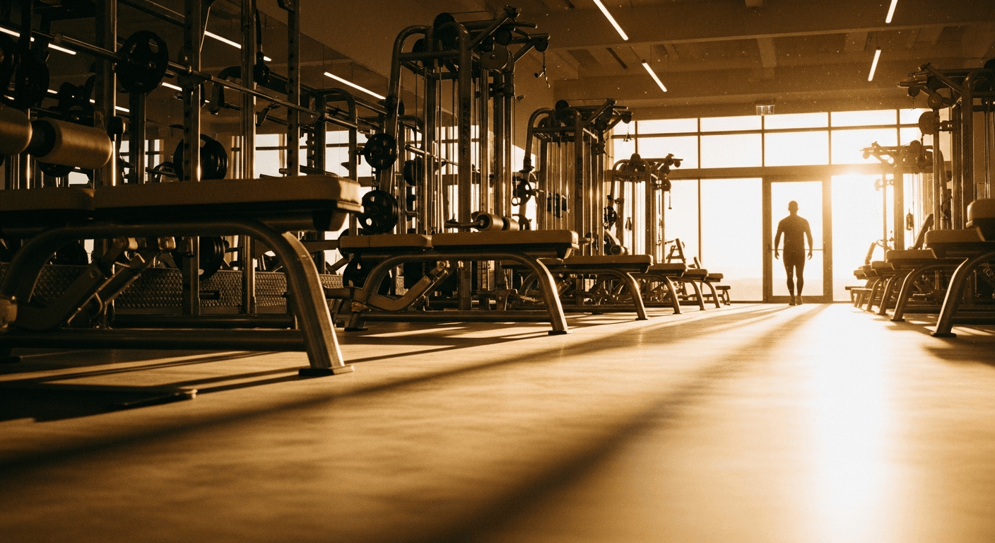 A figure walks toward golden light across a spacious, modern gym floor lined with cable machines and floor-to-ceiling windows.