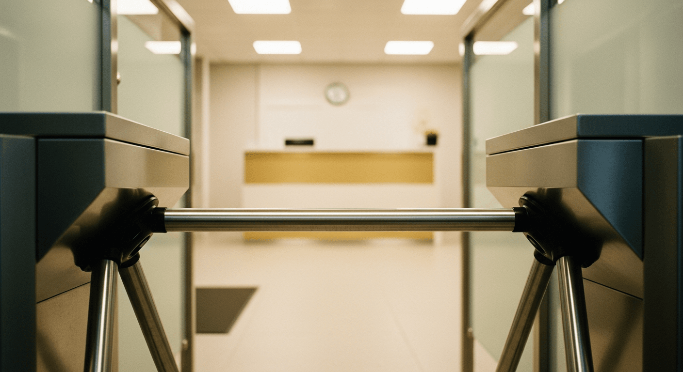 New member stepping through a gym entrance turnstile in warm, welcoming ambient light.