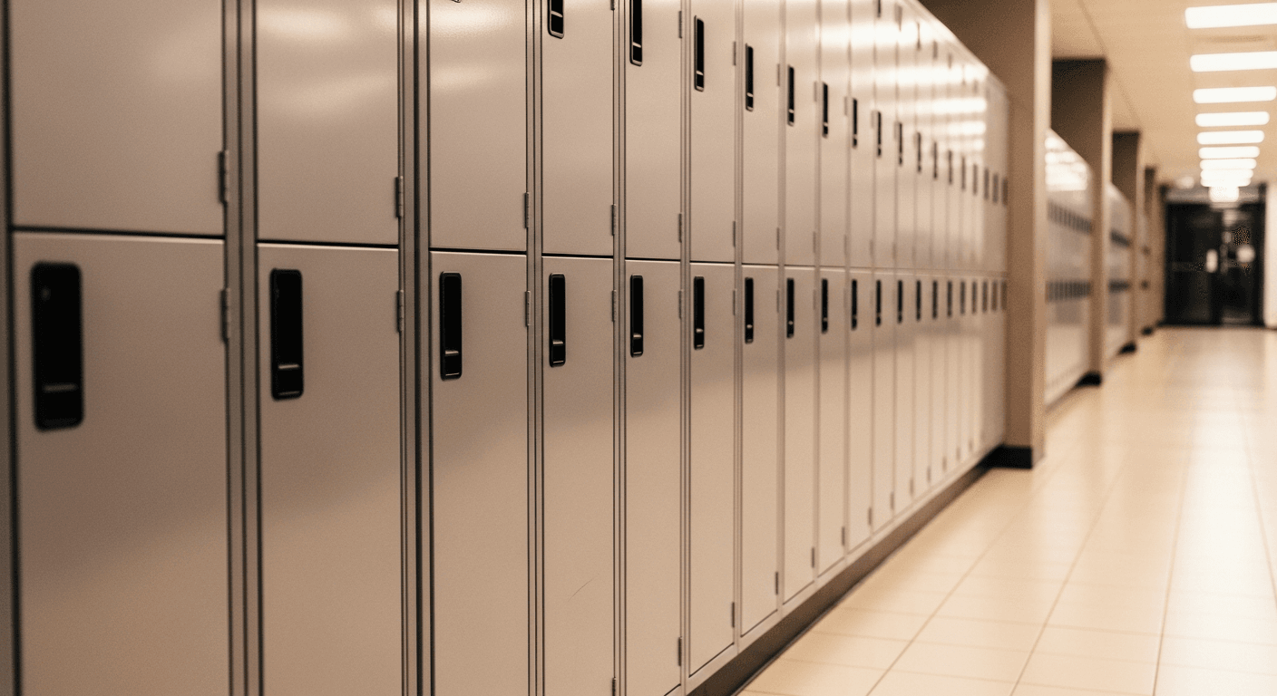 Row of brushed metal gym lockers receding down a warm-toned corridor in soft golden light.