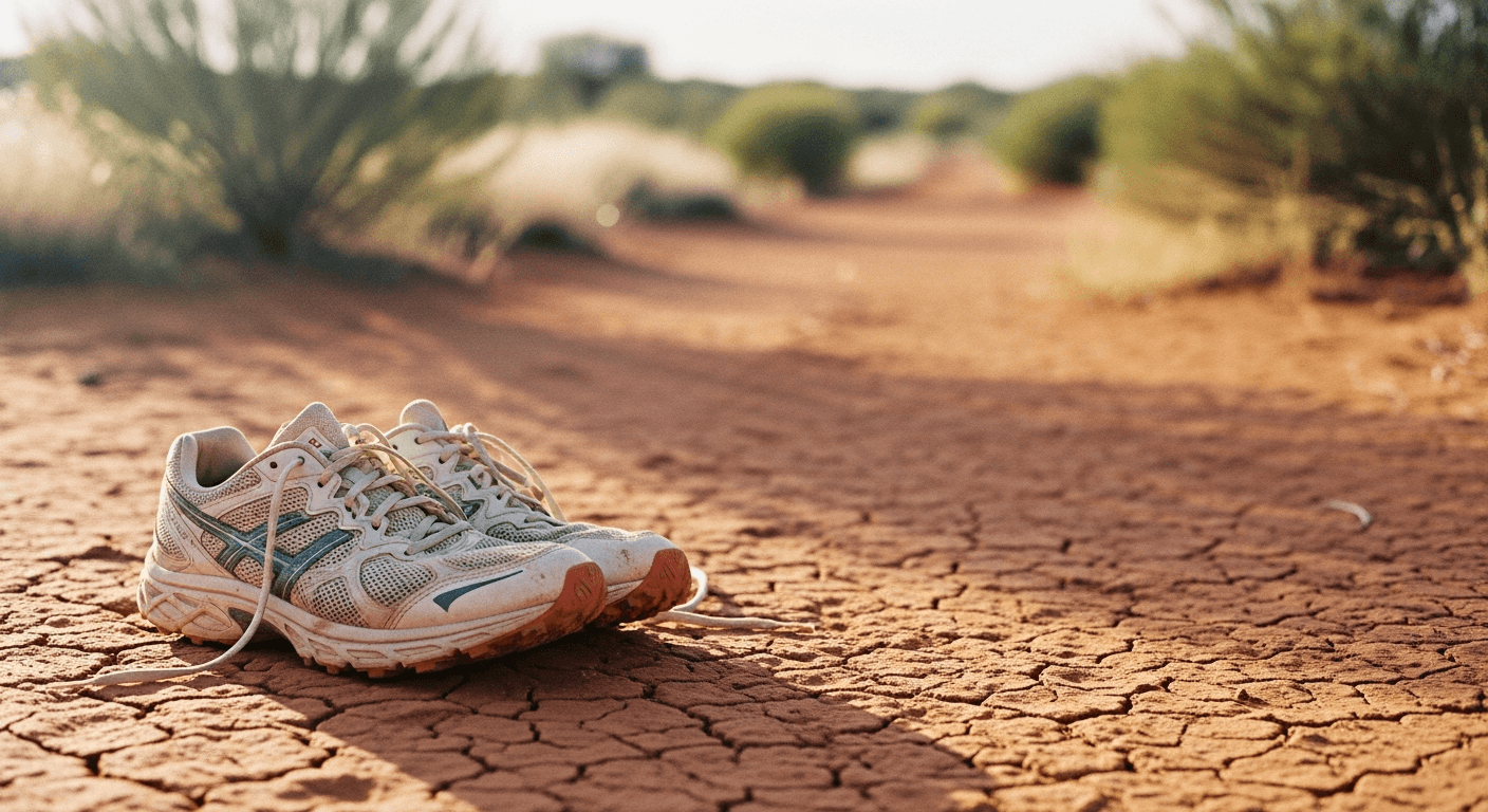 Worn trail running shoes sit laces-untied on a dusty desert path at dawn.