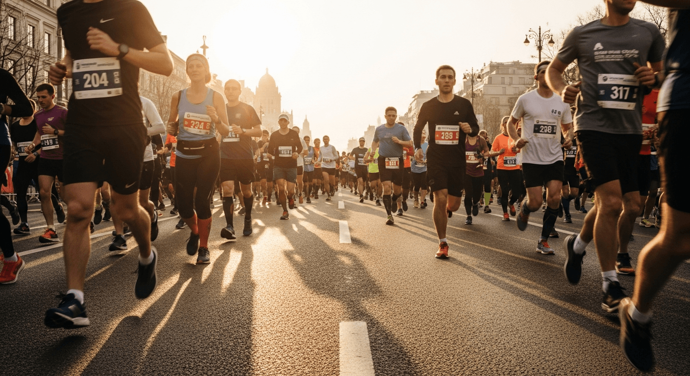 Ground-level view of thousands of runners filling a city road at dawn in warm golden light.