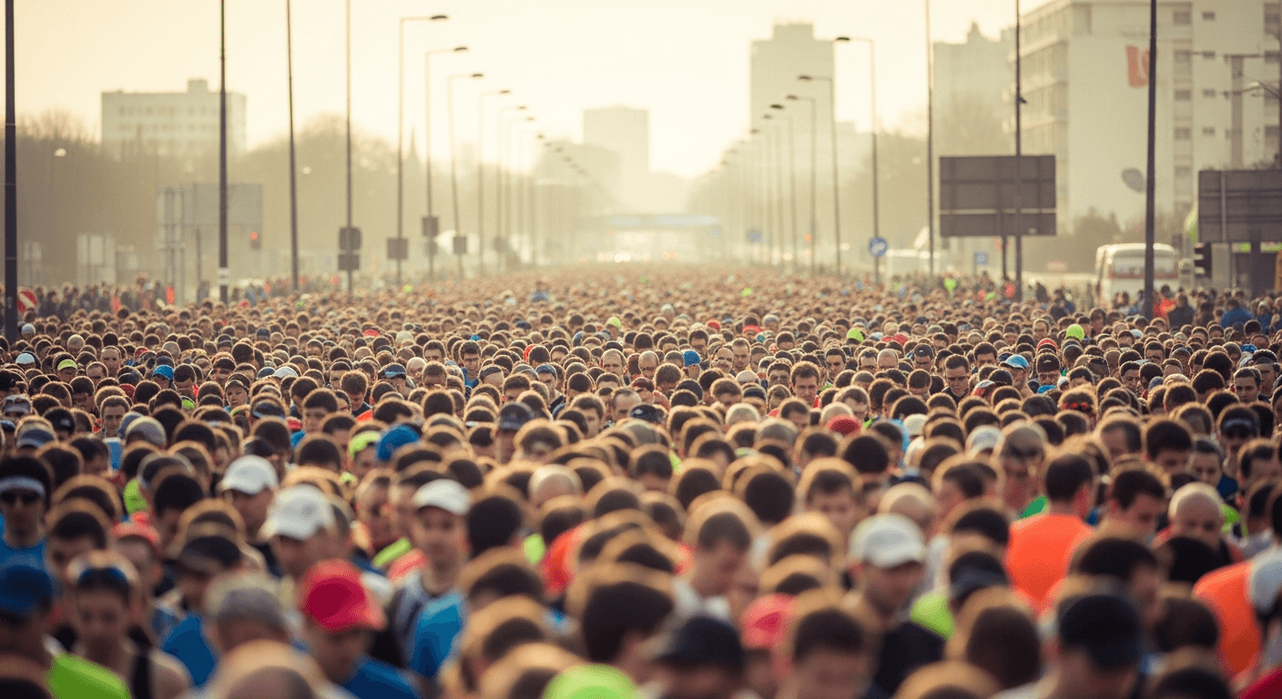 Dense crowd of runners at the start of a major city marathon, shot from ground level in golden light.