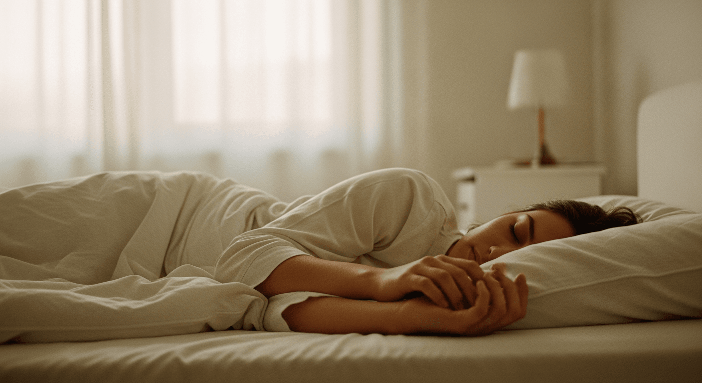 Person sleeping peacefully on their side in bed with soft golden morning light through sheer curtains.