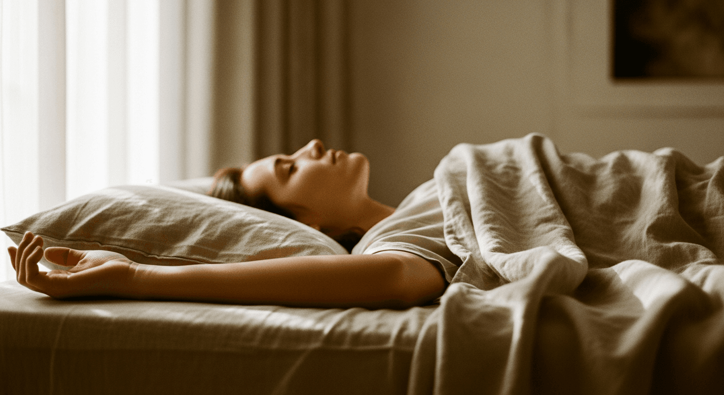 A person lying still on their back in warm cream-colored bedding, embodying complete relaxation.