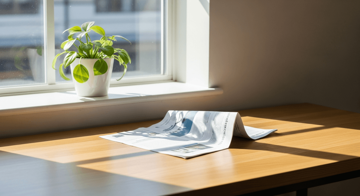 A neglected document on a desk beside a green plant, symbolizing overlooked employee wellness programs.
