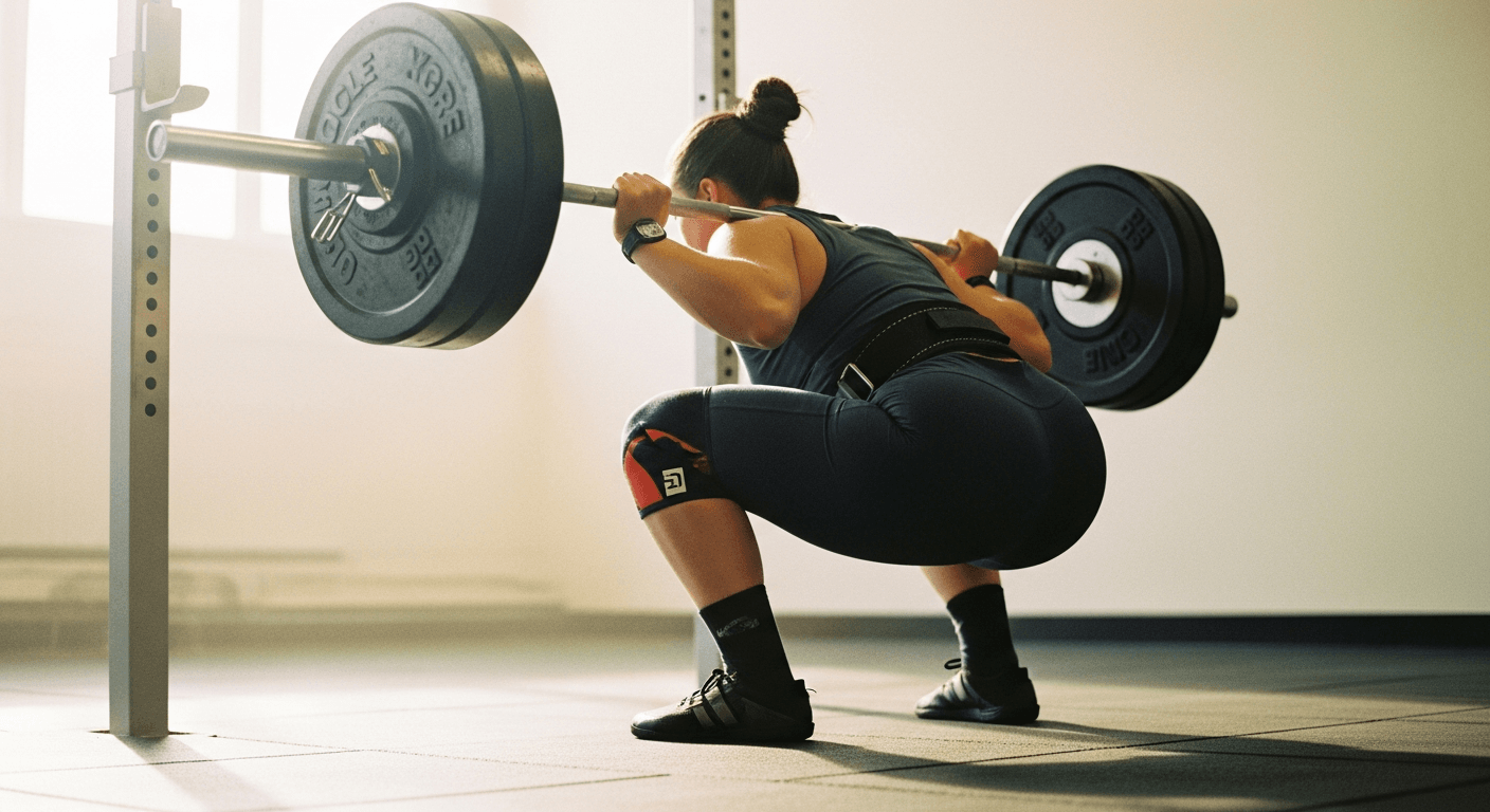 A person performs a heavy back squat in a gym, lit by warm golden natural light.